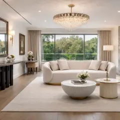 Elegancki salon z sofą, stolikami i kominkiem. Nad konsolą wisi złote lustro glamour, odbijające światło.