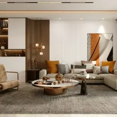 Elegancki, beżowy salon glamour z wygodną kanapą, designerskim fotelem i okrągłym stolikiem kawowym.