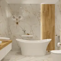 Elegancka łazienka ze złotem. Marmurowe ściany, wolnostojąca wanna, drewniane akcenty i złote baterie tworzą luksusową atmosferę.