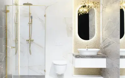 Elegancka łazienka z prysznicem i umywalką. Owalne lustro pod prysznic z podświetleniem i złotymi detalami.