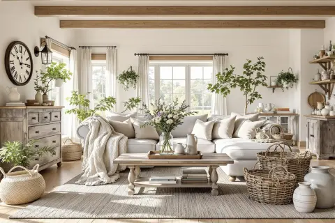 Przytulny salon w stylu farmhouse z jasną sofą, drewnianymi belkami na suficie i wiklinowymi koszami.