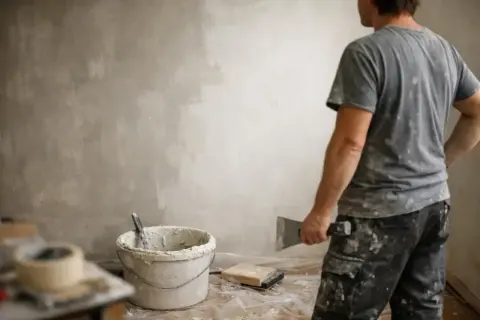 Remont trwa, a pytanie "ile schnie szpachla gipsowa" jest kluczowe. Na zdjęciu widać ściany po nałożeniu masy, wiadro z resztkami i narzędzia.