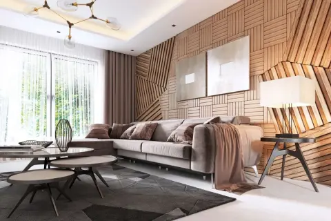 Nowoczesny salon z boazerią drewnianą. Dowiedz się, jak odświeżyć boazerię drewnianą, by nadać wnętrzu ciepła i stylu.
