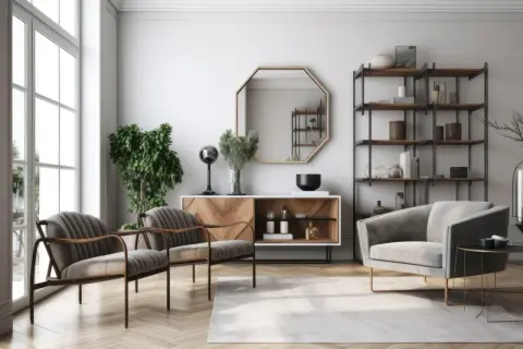 Eleganckie lustro na komodę w salonie, nad którym wisi ośmiokątne lustro.