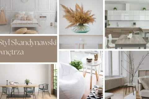 Kolaż zdjęć prezentujący skandynawski styl domu: sypialnia, kuchnia, jadalnia, salon.