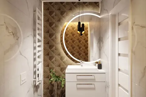 Nowoczesna łazienka z okrągłym podświetlanym lustrem, umywalką i designerską tapetą.