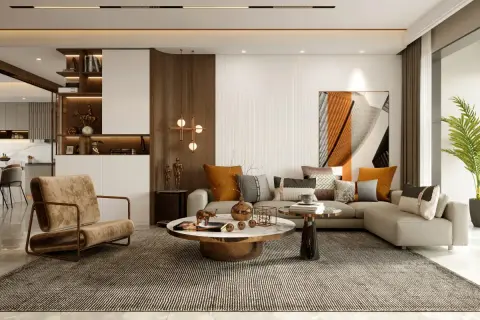 Elegancki, beżowy salon glamour z wygodną kanapą, designerskim fotelem i okrągłym stolikiem kawowym.