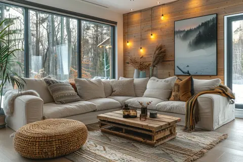 Przytulny salon w stylu modern farmhouse z wygodną sofą, drewnianym stolikiem i widokiem na zimowy las.
