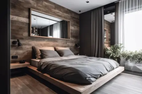 Nowoczesna sypialnia z drewnianą ścianą i dużym lustrem nad łóżkiem.
