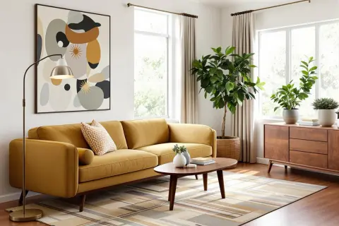 Żółta kanapa i abstrakcyjny obraz tworzą serce tego przytulnego mid century interior. Dywan w geometryczne wzory i drewniane meble dopełniają całość.