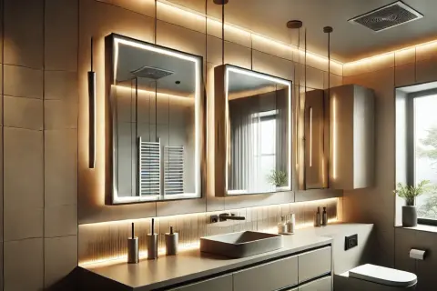 Elegancka łazienka z dwoma lustrami z lampkami LED, umywalką i toaletą. Ciepłe światło podkreśla nowoczesny design.