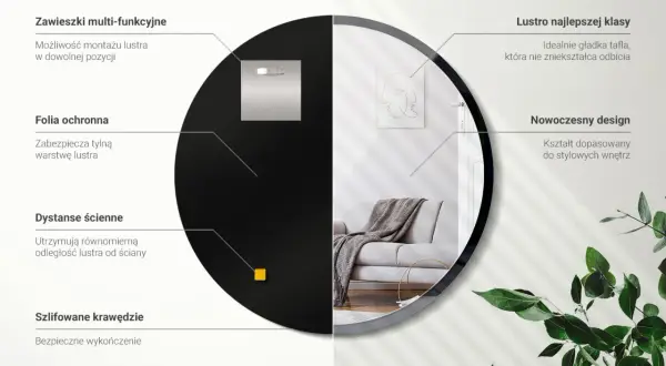 Eleganckie lustro okrągłe czarne z nowoczesnym designem, idealne do stylowych wnętrz.