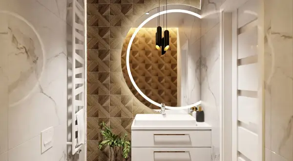 Nowoczesna łazienka z okrągłym podświetlanym lustrem, umywalką i designerską tapetą.