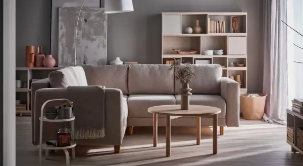 Przytulny salon szaro beżowy inspiracje: wygodna kanapa, okrągły stolik, regał z dekoracjami i kosz z tkanin.