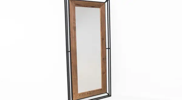 Eleganckie lustro w metalowej ramie loft, z drewnianymi akcentami. Idealne do nowoczesnych wnętrz.