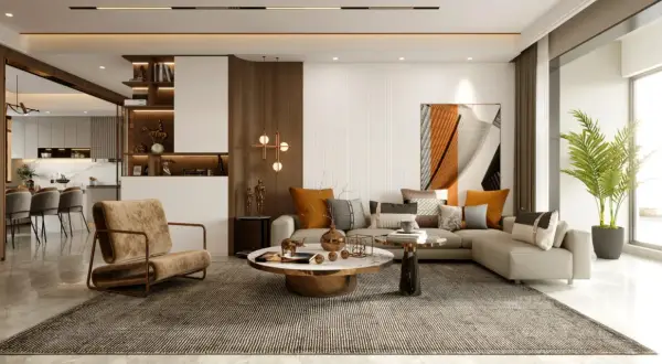 Elegancki, beżowy salon glamour z wygodną kanapą, designerskim fotelem i okrągłym stolikiem kawowym.