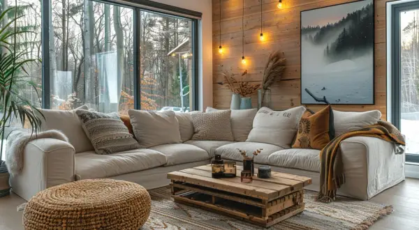Przytulny salon w stylu modern farmhouse z wygodną sofą, drewnianym stolikiem i widokiem na zimowy las.