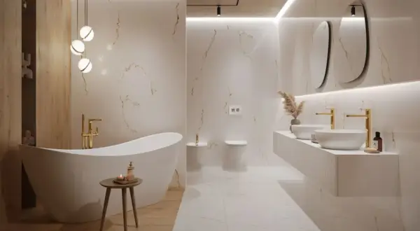 Elegancka łazienka biały marmur z drewnem. Wolnostojąca wanna, podwójna umywalka i złote baterie tworzą luksusową atmosferę.