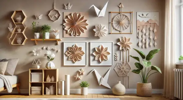 Dekoracje ścienne w kształcie kwiatów i origami tworzą efekt fal na ścianie.