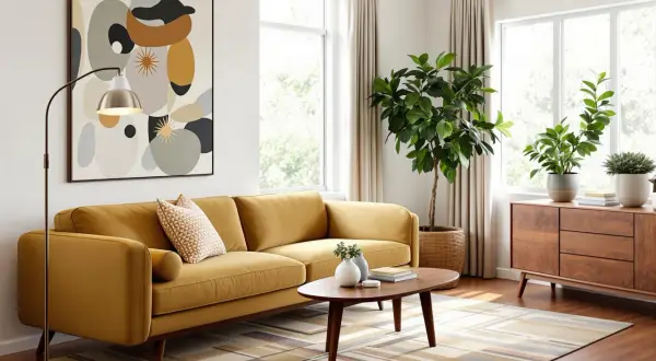 Żółta kanapa i abstrakcyjny obraz tworzą serce tego przytulnego mid century interior. Dywan w geometryczne wzory i drewniane meble dopełniają całość.
