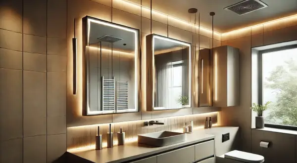 Elegancka łazienka z dwoma lustrami z lampkami LED, umywalką i toaletą. Ciepłe światło podkreśla nowoczesny design.