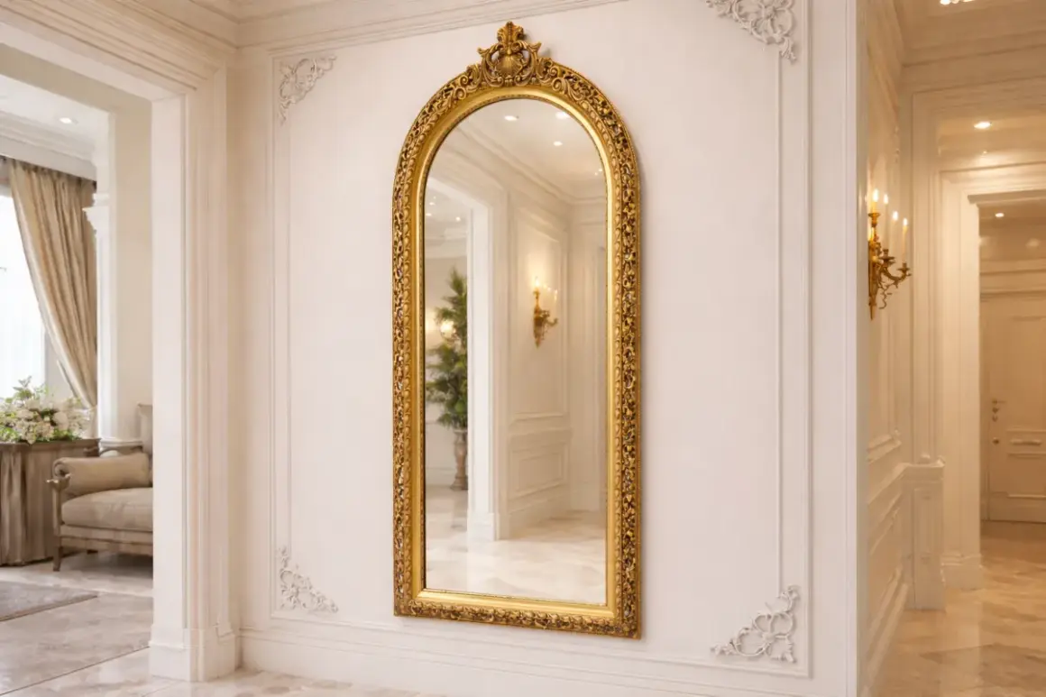 Eleganckie, duże lustra na ścianę do przedpokoju w złotej, zdobionej ramie. Odbijają światło i dodają przestrzeni.
