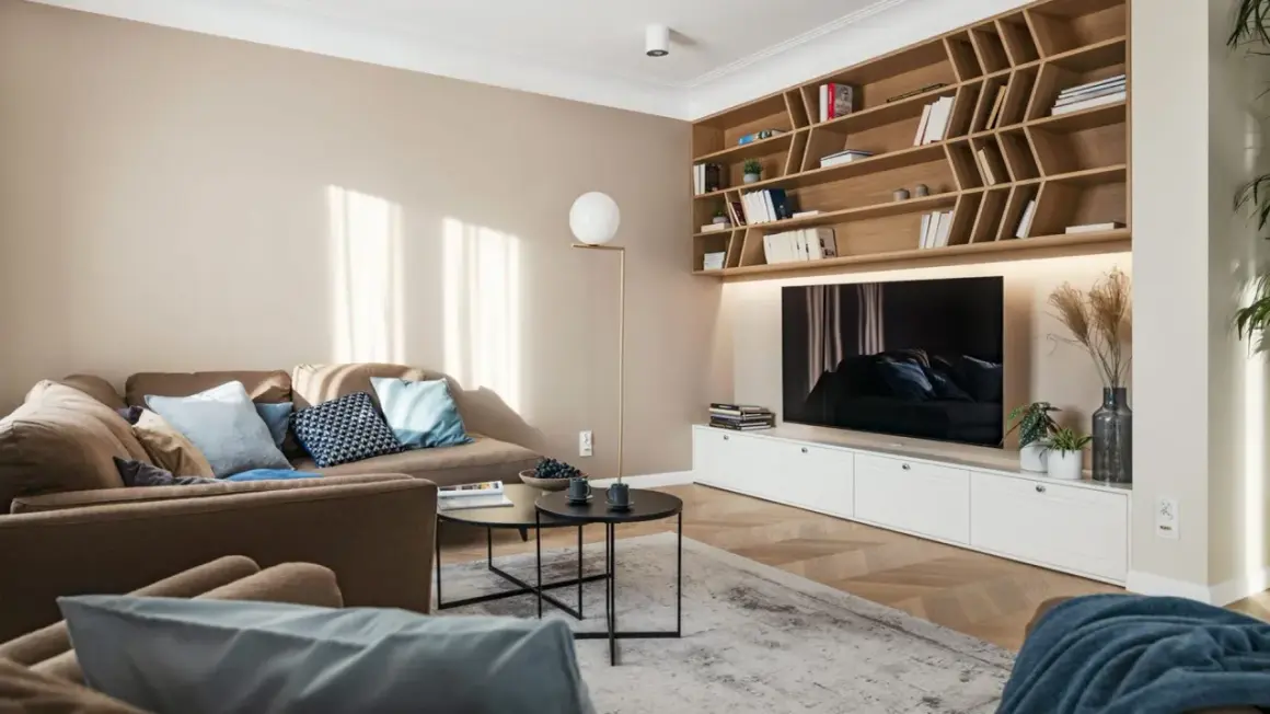 Przytulny salon z sofą i regałem, gdzie dominują kolory pasujące do beżu i brązu. Jasne ściany i drewniane elementy tworzą ciepłą atmosferę.