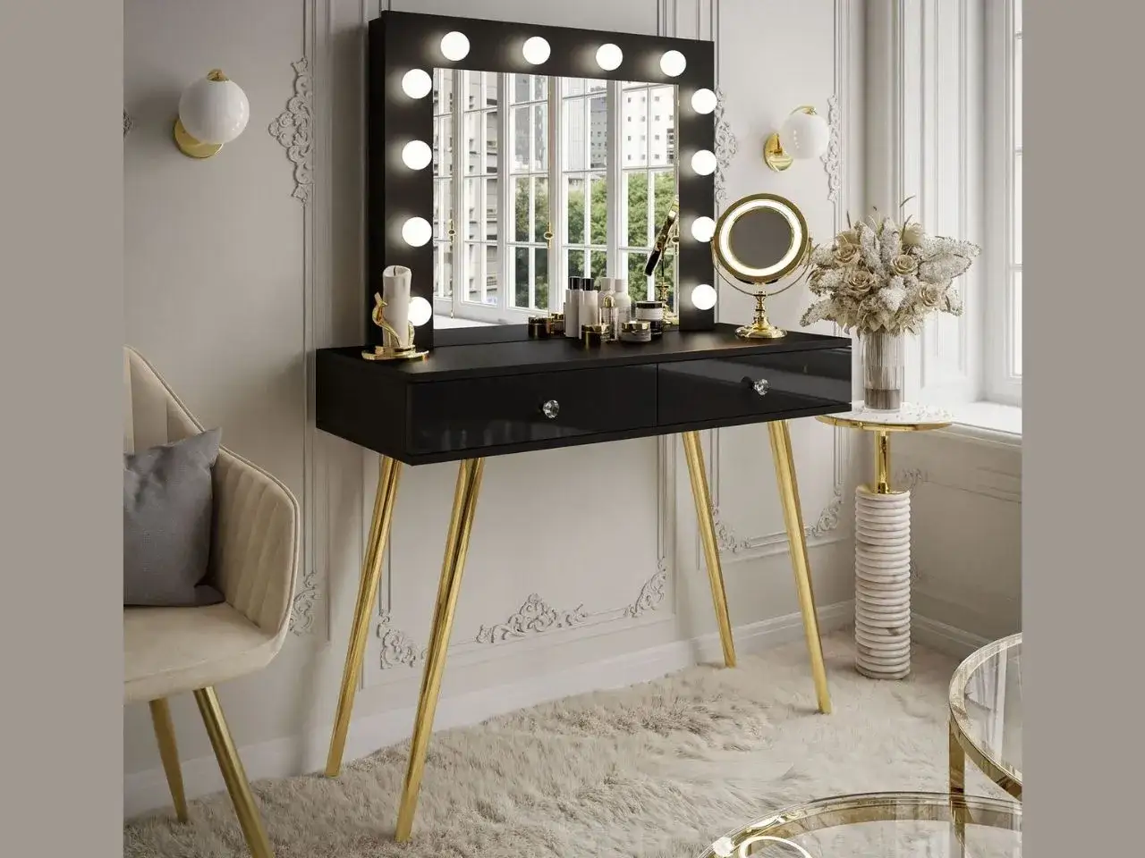 Eleganckie lustro stojące na toaletkę z oświetleniem LED, idealne do porannej pielęgnacji.