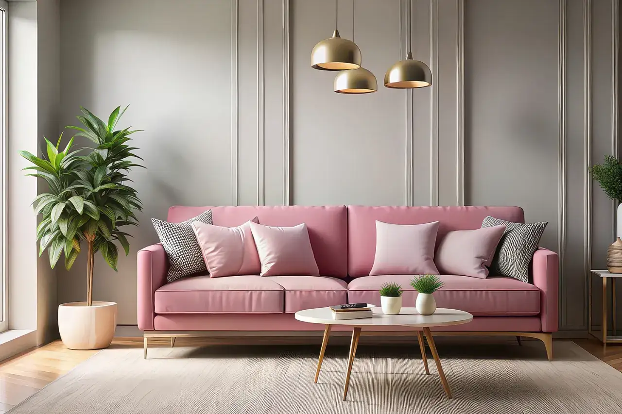 Elegancki salon z kanapą w kolorze pudrowego różu i szarymi ścianami. W tle wiszą złote lampy.