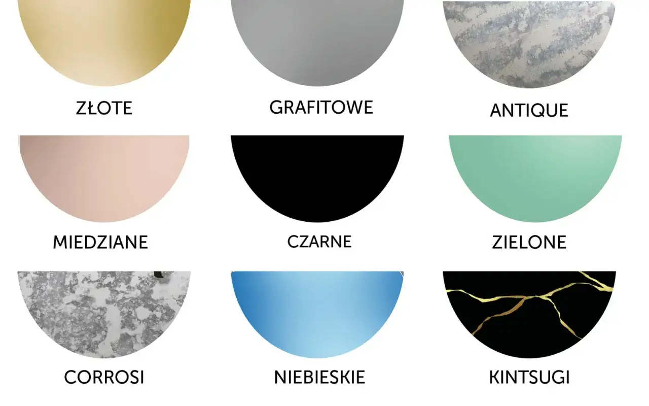 Przykładowe kolory luster: złote, grafitowe, antique, miedziane, czarne, zielone, corosi, niebieskie, kintsugi.