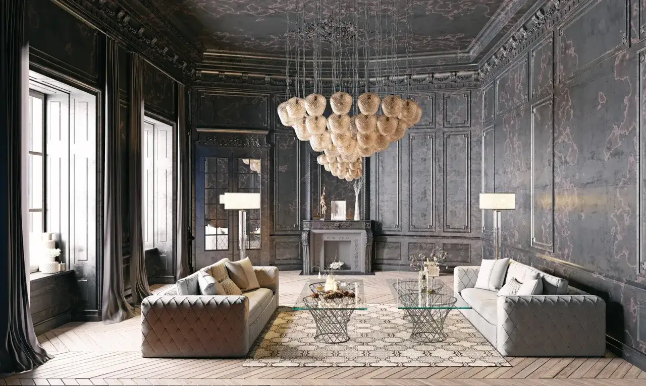 Eleganckie lustro na ścianie w salonie odbija światło z okazałego żyrandola, tworząc magiczną atmosferę.