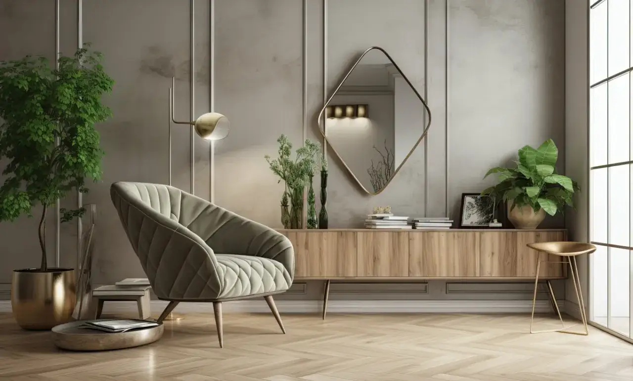 Eleganckie lustro na ścianie w salonie, nad drewnianą komodą, dopełnia nowoczesny wystrój.