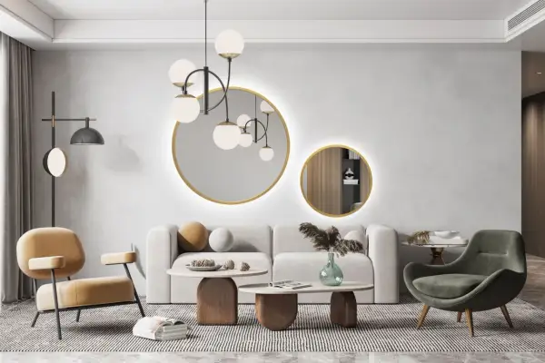 Nowoczesna kompozycja z luster na ścianie, z subtelnym podświetleniem, dodaje głębi i elegancji wnętrzu salonu.