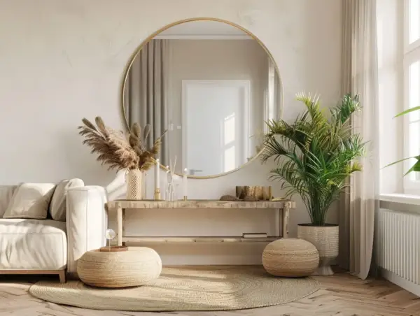 Salon z sofą, okrągłym lustrem na ścianie z luster, roślinami i pufami.