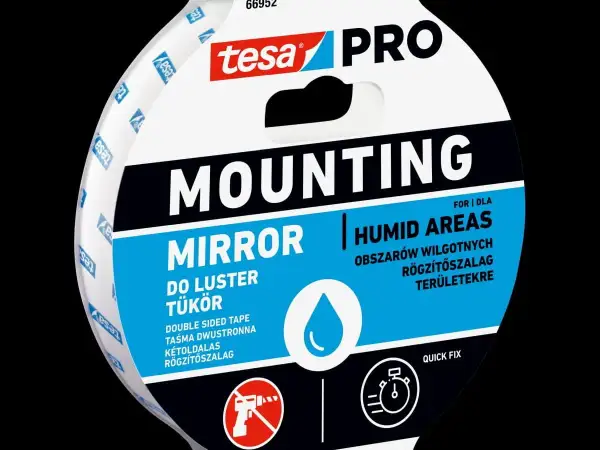 Taśma montażowa tesa PRO do luster. Szybki sposób, jak powiesić lustro bez wiercenia, nawet w wilgotnych miejscach.