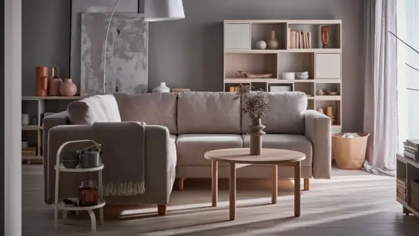 Przytulny salon szaro beżowy inspiracje: wygodna kanapa, okrągły stolik, regał z dekoracjami i kosz z tkanin.