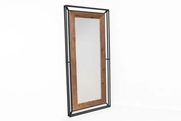 Eleganckie lustro w metalowej ramie loft, z drewnianymi akcentami. Idealne do nowoczesnych wnętrz.