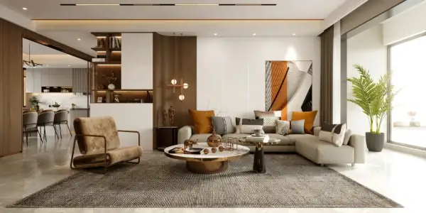 Elegancki, beżowy salon glamour z wygodną kanapą, designerskim fotelem i okrągłym stolikiem kawowym.