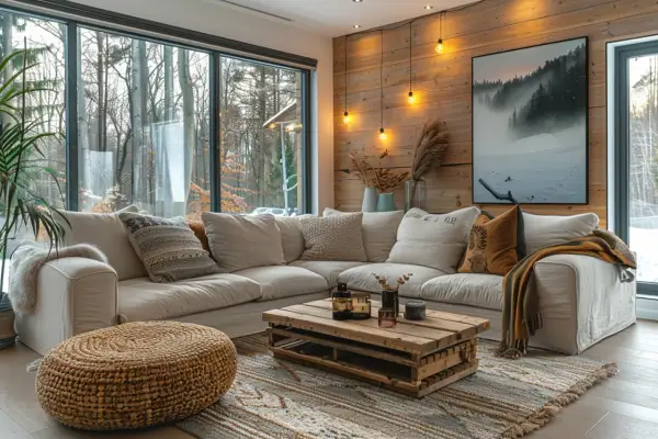 Przytulny salon w stylu modern farmhouse z wygodną sofą, drewnianym stolikiem i widokiem na zimowy las.