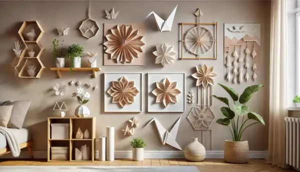 Dekoracje ścienne w kształcie kwiatów i origami tworzą efekt fal na ścianie.