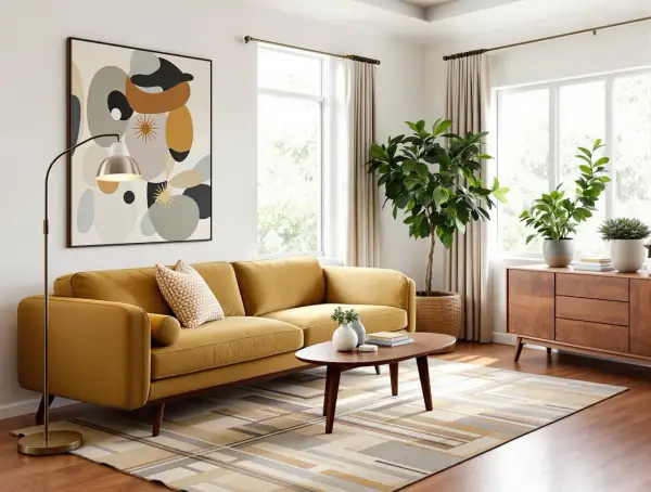Żółta kanapa i abstrakcyjny obraz tworzą serce tego przytulnego mid century interior. Dywan w geometryczne wzory i drewniane meble dopełniają całość.
