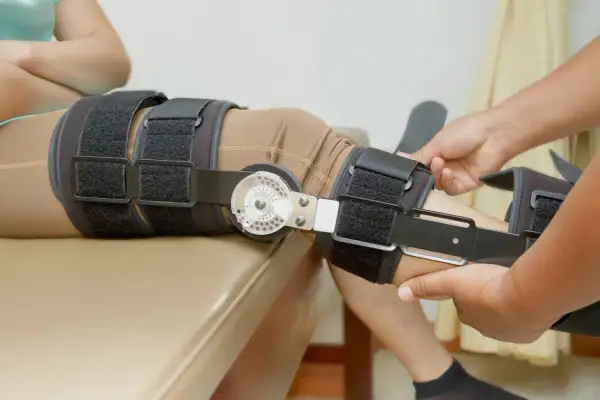 Regulowany stabilizator stawu kolanowego, co zamiast gipsu na nogę, pomaga w rehabilitacji.