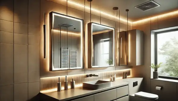 Elegancka łazienka z dwoma lustrami z lampkami LED, umywalką i toaletą. Ciepłe światło podkreśla nowoczesny design.